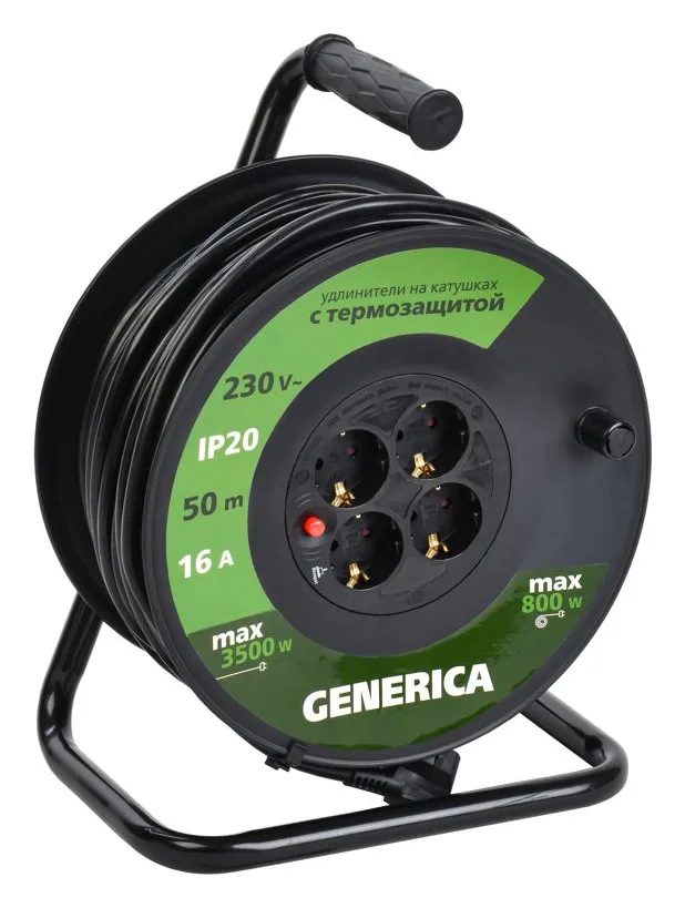 Удлинитель на катушке 4х50м 16А IP20 УК50 2P+PE 3х1.5 термозащита GENERICA WKP20-16-04-50-G