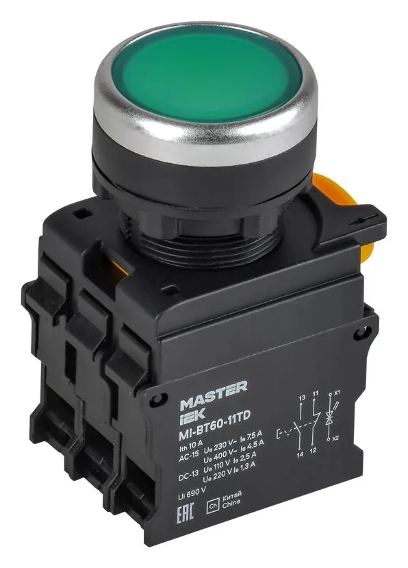 Кнопка d22мм 1НО+1НЗ MASTER с подсветкой и фиксацией зел. IEK MI-BT60-11TD-3-11-K06