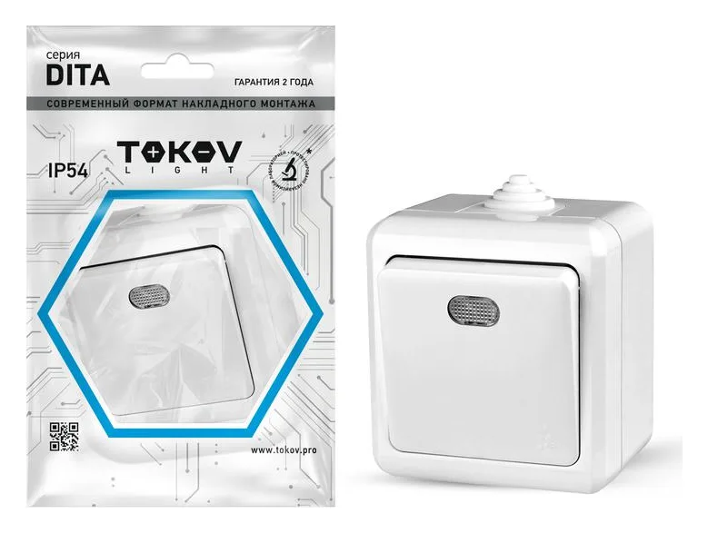 Выключатель 1-кл. ОП Dita IP54 10А 250В с индикацией бел. TOKOV ELECTRIC TKL-DT-V1I-C01-IP54