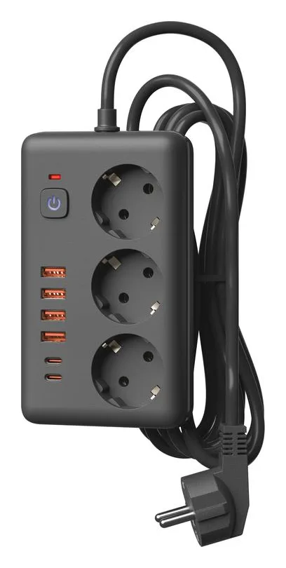 Удлинитель с сетевым фильтром 3х5м 10А 4USB + 2USBC 2500Вт ПВС 3х1 прямоуг. черн. КОСМОС FKsmPR-5m-3g(B)USB