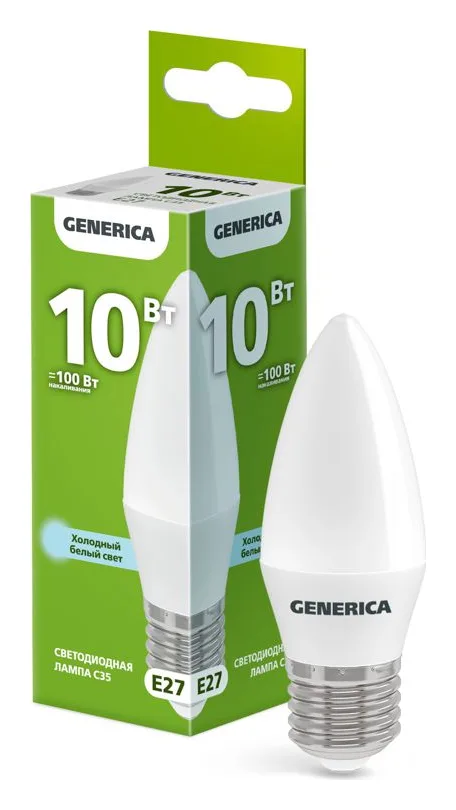 Лампа светодиодная C35 10Вт свеча 6500К E27 230В GENERICA LL-C35-10-230-65-E27-G