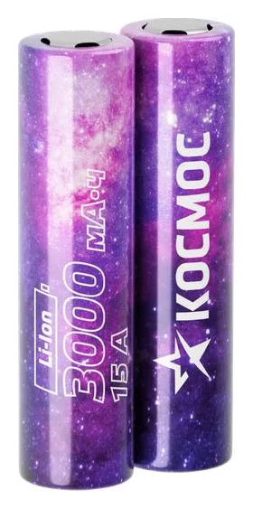 Аккумулятор 18650 Li-ion 3000мА.ч без защиты высокотоковый низкая шляпка (уп.2шт) КОСМОС KOC18650Li30UL20CS2
