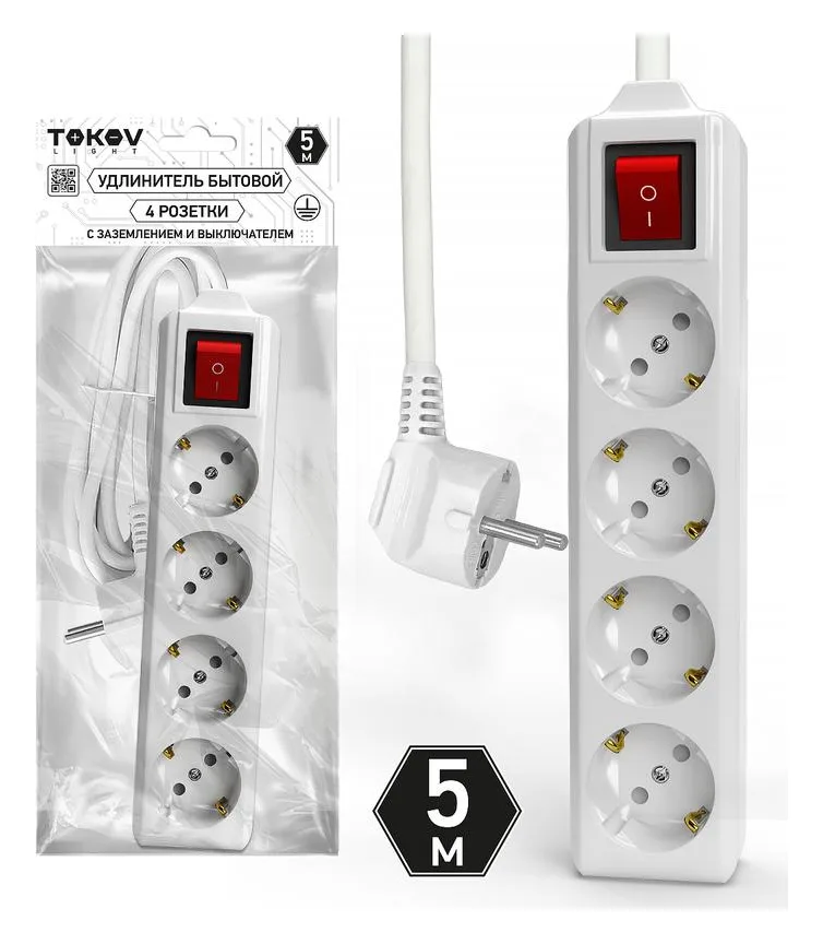 Удлинитель 4х5м с заземл. с выкл. 10А 3х1.5 TOKOV ELECTRIC TKL-C01-BU4-5-1.5-ZV