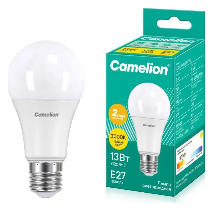Лампа светодиодная LED13-A60/830/E27 13Вт грушевидная матовая 3000К тепл. бел. E27 1075лм 220В Camelion 12045