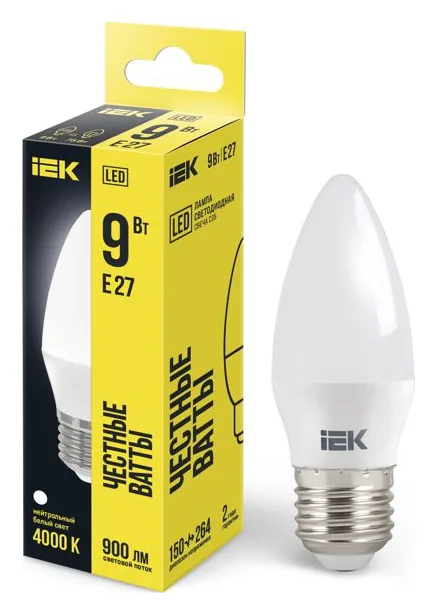 Лампа светодиодная 9Вт C35 свеча 4000К нейтр. бел. E27 230В IEK LLE-C35-9-230-40-E27