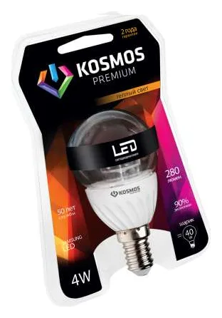 Лампа светодиодная KOSMOS premium 4Вт Шар прозрачный 45мм E27 230В 3000К Космос KLED4wGL45230vE2727C