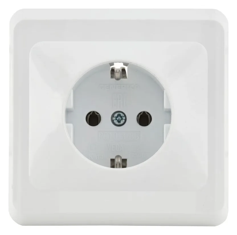 Розетка 1-м СП Вега РС10-3-ВБ с заземл. контактом без защ. штор 16А бел. GENERICA ERV11-K01-16-DM