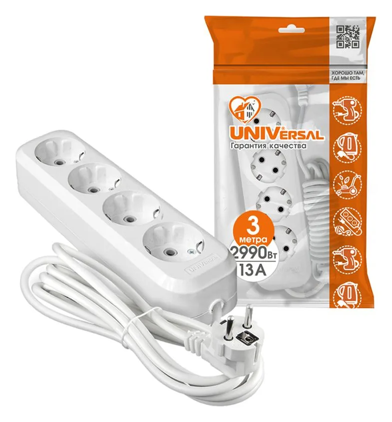Удлинитель 4х3м с заземл. 13А IP20 Е-304 ПВС 3х1 АБС-пластик UNIVersal 9631981