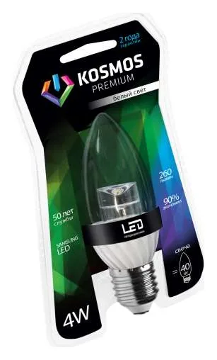 Лампа светодиодная KOSMOS premium 4Вт свеча прозрачная E27 230В 4500К Космос KLED4wCN230vE2745CL