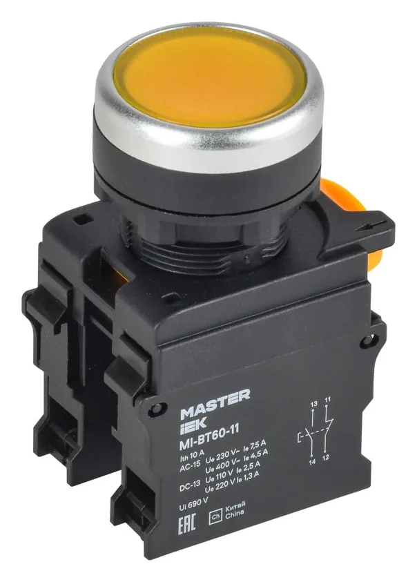 Кнопка d22мм 1НО+1НЗ MASTER желт. IEK MI-BT60-11-3-22-K05