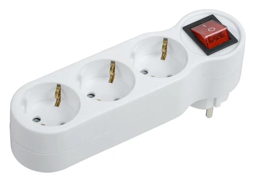 Разветвитель 3-м 16А IP20 Т-01/03В 2P+PE с выкл. бел. IEK WTP10-16-03-ZK-K01