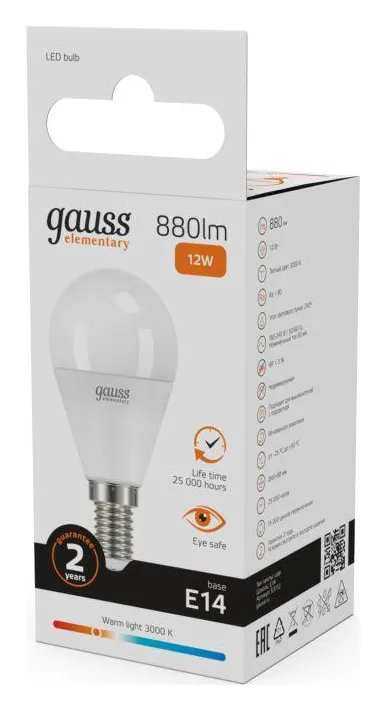 Лампа светодиодная Elementary 12Вт P45 шар 3000К тепл. бел. E14 880лм GAUSS 53112