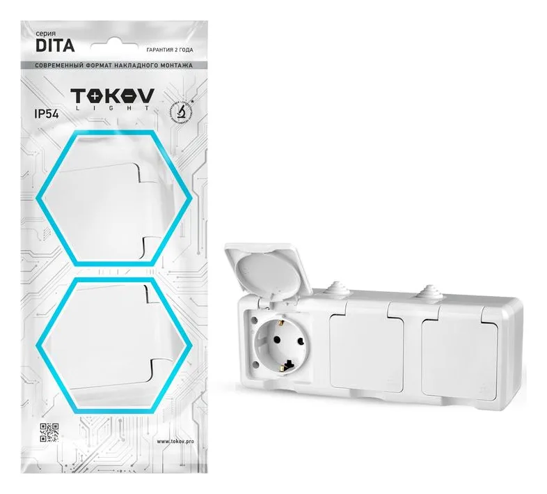 Розетка 3-м ОП Dita 16А IP54 250В с заземл. с крышкой бел. TOKOV ELECTRIC TKL-DT-R3Z-C01-IP54