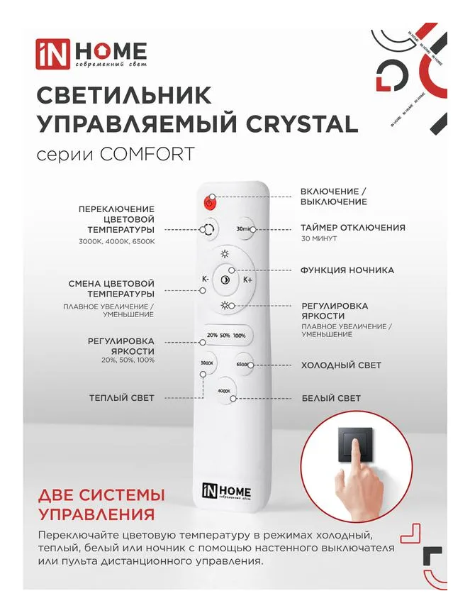 Светильник светодиодный COMFORT CRYSTAL 75Вт 3000-6500К 6000лм 230В 505х125мм с пультом ДУ IN HOME 4690612034782