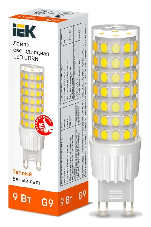 Лампа светодиодная CORN 9Вт капсула 3000К G9 230В керамика IEK LLE-CORN-9-230-30-G9