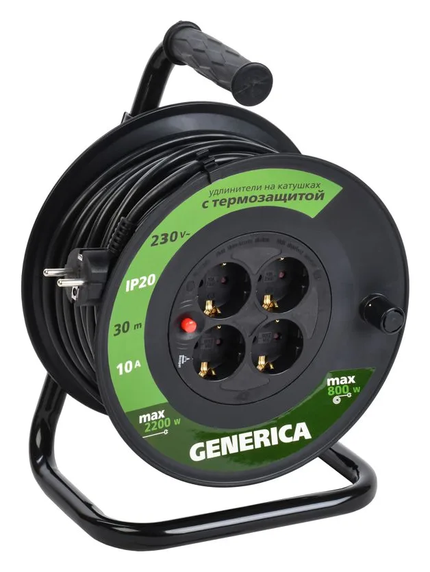 Удлинитель на катушке 4х30м 10А IP20 УК30 2P+PE 3х1 термозащита GENERICA WKP10-10-04-30-G