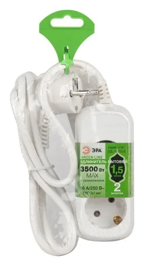 Удлинитель 2х1.5м с заземл. 16А IP20 GREEN LINE UDL-16-215-E ПВС 3х1 Эра Б0065079
