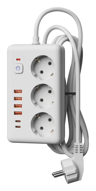 Удлинитель с сетевым фильтром 3х3м 10А 4USB + 2USBC 2500Вт ПВС 3х1 прямоуг. бел. КОСМОС FKsm3m-3gPF(W)USB