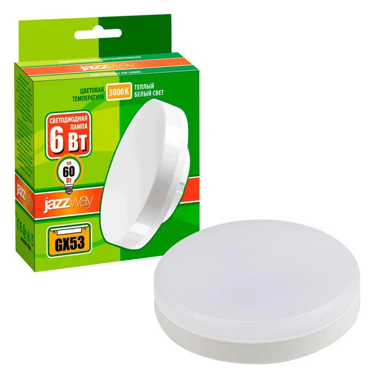 Лампа светодиодная PLED-ECO 6Вт таблетка матовая 3000К тепл. бел. GX53 460лм 230В JazzWay 2851987