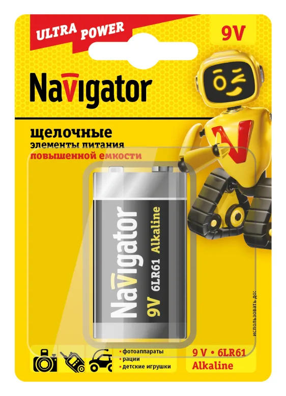 Элемент питания алкалиновый "крона" 6LR61 94 756 NBT-NE-6LR61-BP1 (блист.1шт) Navigator 94756