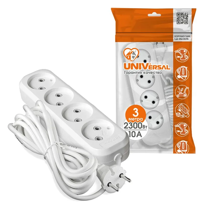 Удлинитель 4х3м без заземл. 10А IP20 Е-204 ПВС 2х0.75 АБС-пластик UNIVersal 9631968