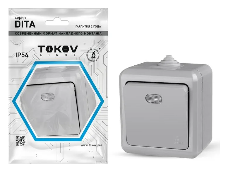 Выключатель 1-кл. ОП Dita IP54 10А 250В с индикацией сер. TOKOV ELECTRIC TKL-DT-V1I-C06-IP54