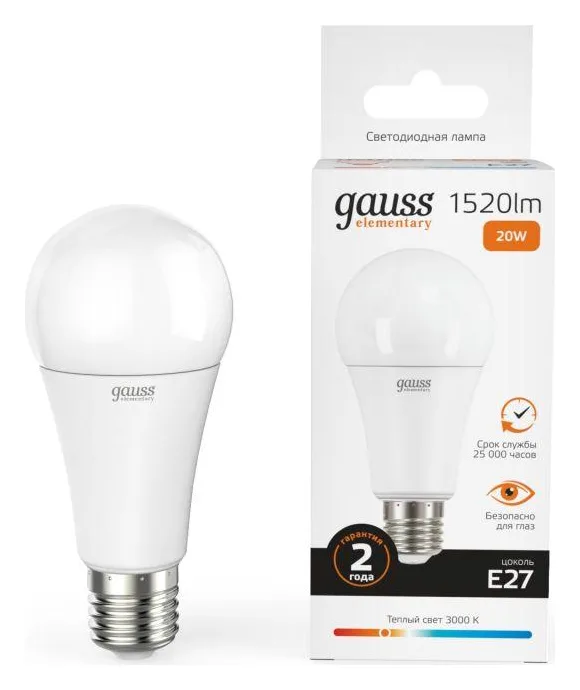 Лампа светодиодная Elementary 20Вт A60 грушевидная 3000К тепл. бел. E27 1520лм GAUSS 23219