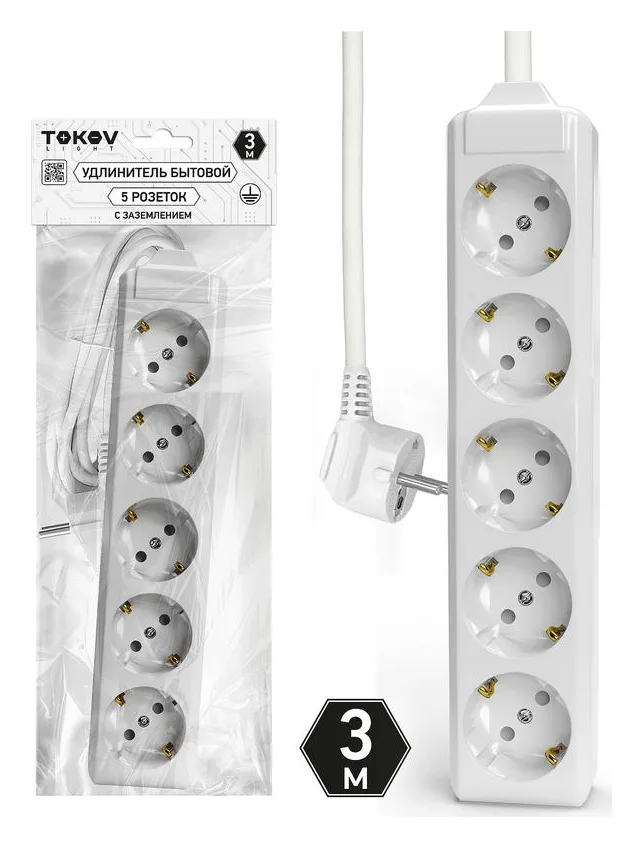 Удлинитель 5х3м с заземл. 10А 3х1.5 TOKOV ELECTRIC TKL-C01-BU5-3-1.5-Z