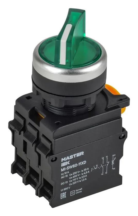 Переключатель 2 полож. 1НО+1НЗ с подсветкой зел. MASTER IEK MI-SW60-11XD-3-14-2-K06