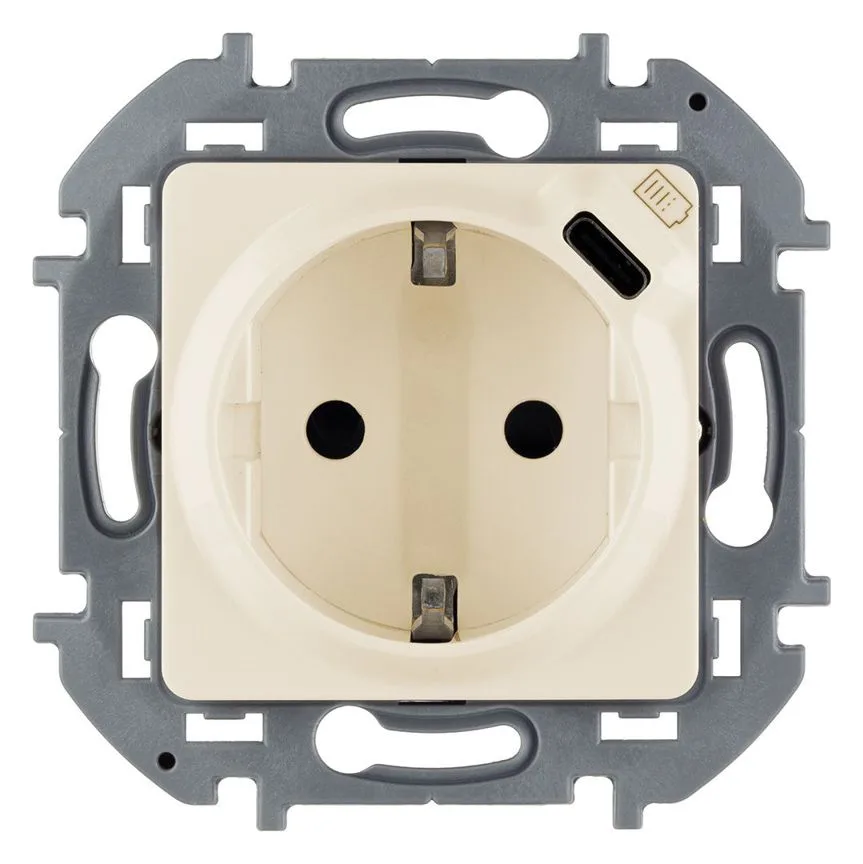 Розетка 1-м СП Inspiria 16А IP20 250В 2P+E немецк. стандарт с заряд. устр. USB тип C 1.5А 5В механизм сл. кость IEK 673771