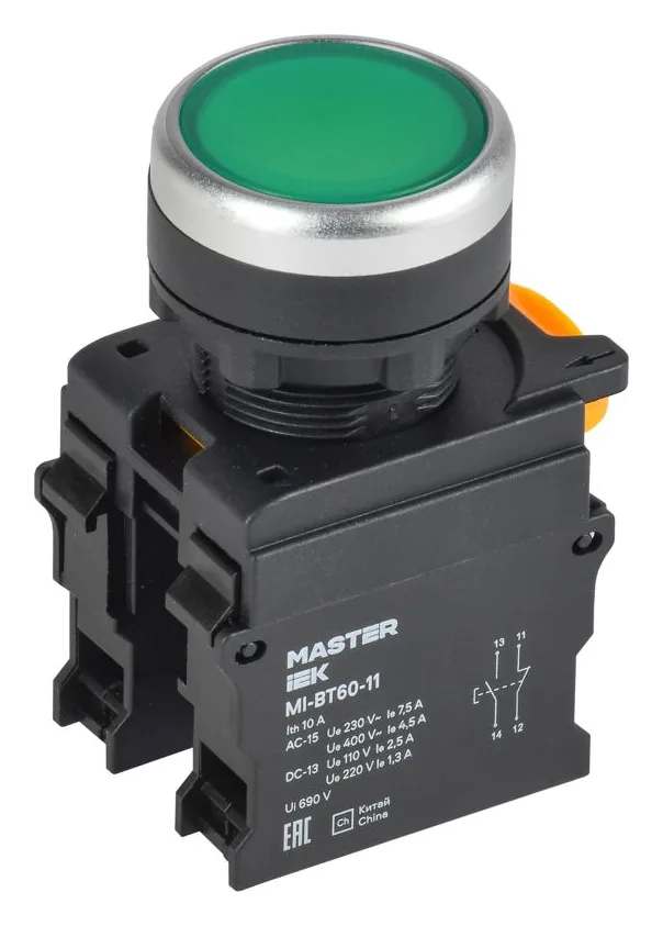 Кнопка d22мм 1НО+1НЗ MASTER зел. IEK MI-BT60-11-3-22-K06