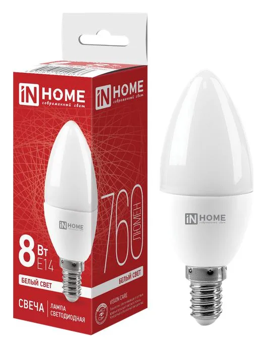 Лампа светодиодная LED-СВЕЧА-VC 8Вт свеча 4000К нейтр. бел. E14 760лм 230В IN HOME 4690612020433