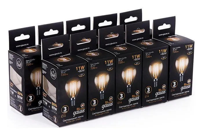 Лампа светодиодная филаментная Black Filament 11Вт P45 шар 2700К тепл. бел. E14 810лм GAUSS 105801111