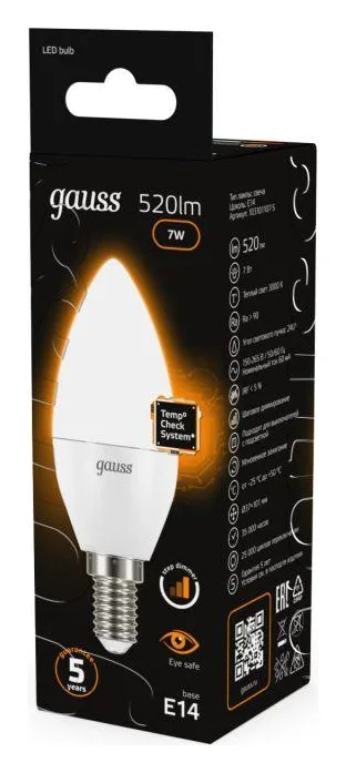 Лампа светодиодная Black 7Вт свеча 3000К тепл. бел. E14 520лм шаг. диммир. GAUSS 103101107-S