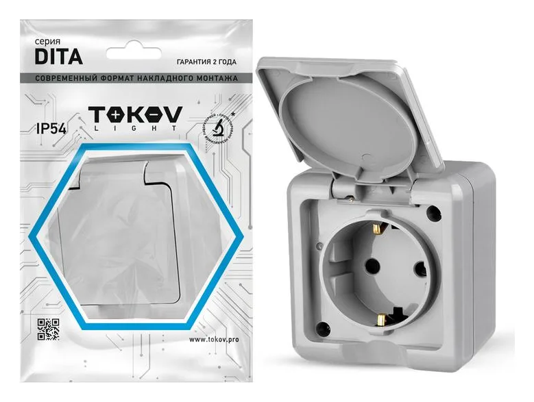 Розетка 1-м ОП Dita 16А IP54 250В с заземл. с крышкой сер. TOKOV ELECTRIC TKL-DT-R1Z-C06-IP54