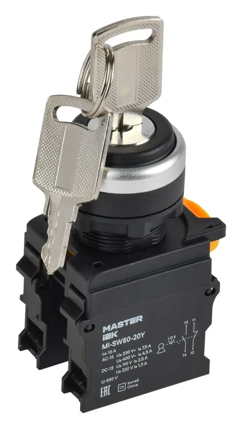Переключатель 3 полож. 1НО+1НЗ с ключом черн. MASTER IEK MI-SW60-20Y-3-34-3-K02