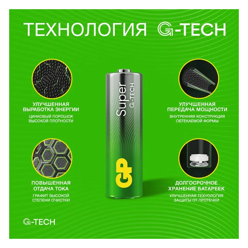 Элемент питания алкалиновый AA/LR6 1.5В Super Alkaline G-Tech 15AA21-2CRSBC2 20/160 (блист.2шт) GP 1223