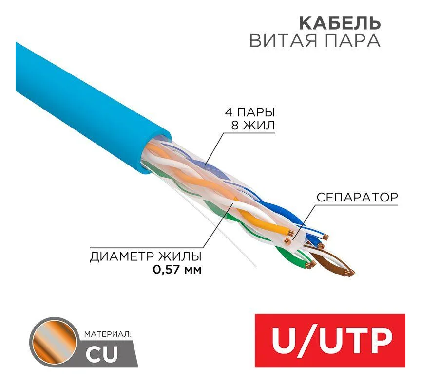 Кабель витая пара U/UTP кат.6 4х2х23AWG solid CU PVC син. (м) Rexant 01-0047