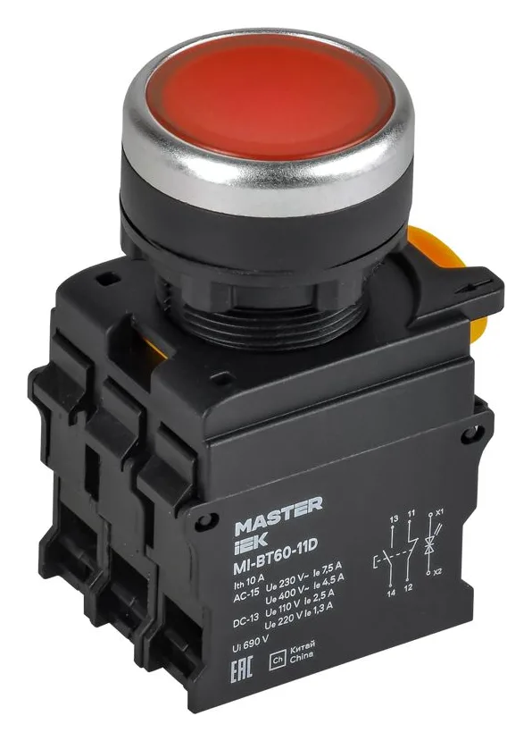 Кнопка d22мм 1НО+1НЗ MASTER с подсветкой красн. IEK MI-BT60-11D-3-12-K04