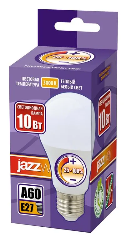 Лампа светодиодная PLED-DIM 10Вт A60 грушевидная 3000К тепл. бел. E27 820лм 220-240В диммир. JazzWay 1028839