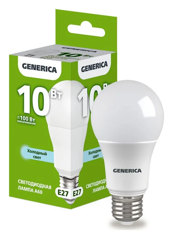 Лампа светодиодная A60 10Вт грушевидная 6500К E27 230В GENERICA LL-A60-10-230-65-E27-G