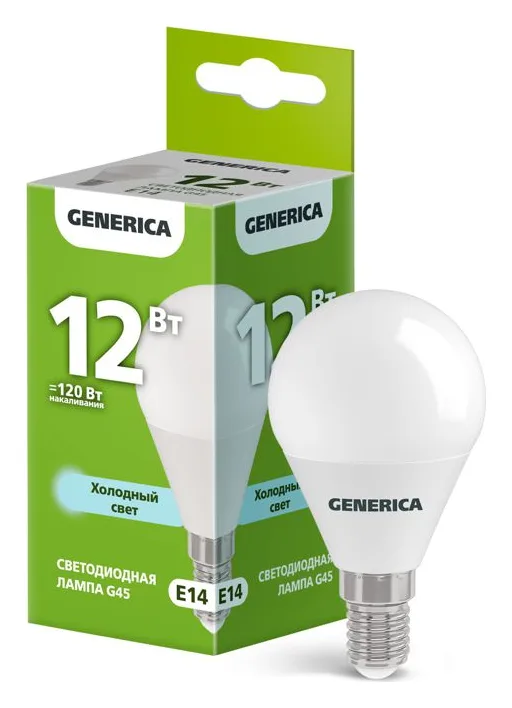 Лампа светодиодная G45 12Вт шар 6500К E14 230В GENERICA LL-G45-12-230-65-E14-G