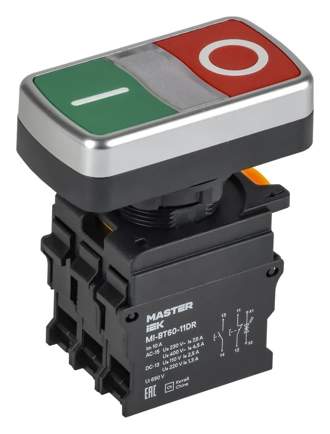 Кнопка "I-O" d22мм 1НО+1НЗ MASTER с подсветкой IEK MI-BT60-11DR-3-11-K51