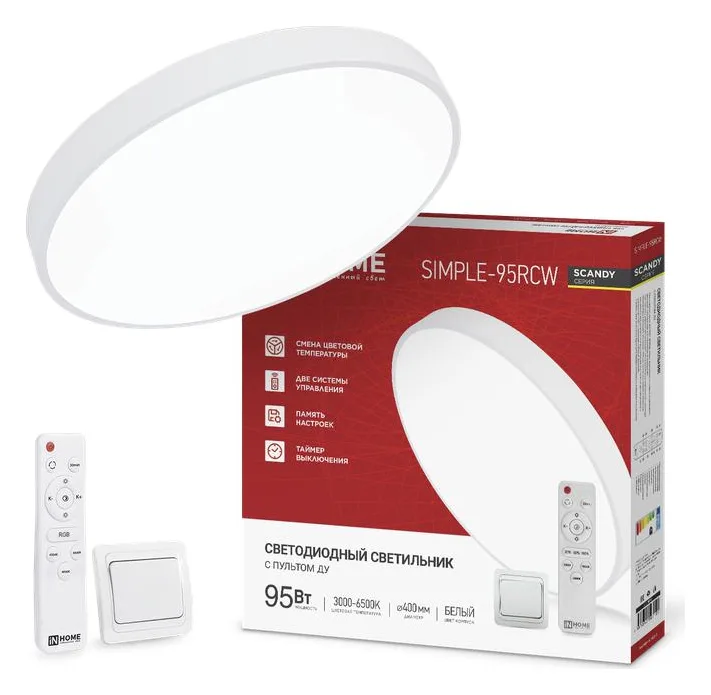 Светильник светодиодный SCANDY SIMPLE-95RCW 95Вт 3000-6500К 7600лм 230В 400х50мм с пультом ДУ бел. IN HOME 4690612062105