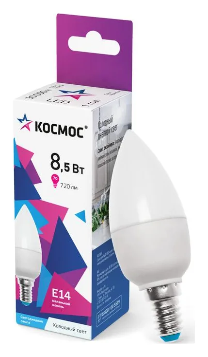 Лампа светодиодная 8.5Вт свеча 6500К холод. бел. E14 220В КОСМОС LkecLED8.5wCNE1465