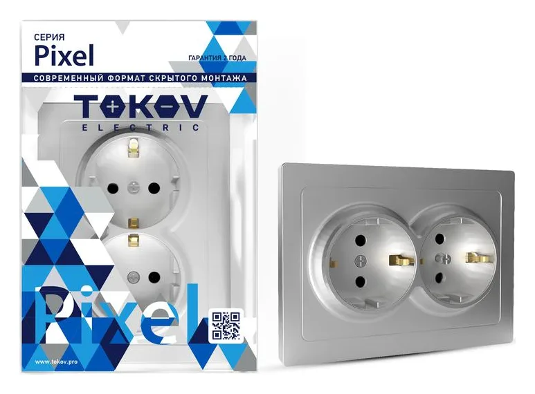 Розетка 2-м СП Pixel 16А IP20 с заземл. защ. шторки в сборе алюм. TOKOV ELECTRIC TKE-PX-R2FZSF-C03