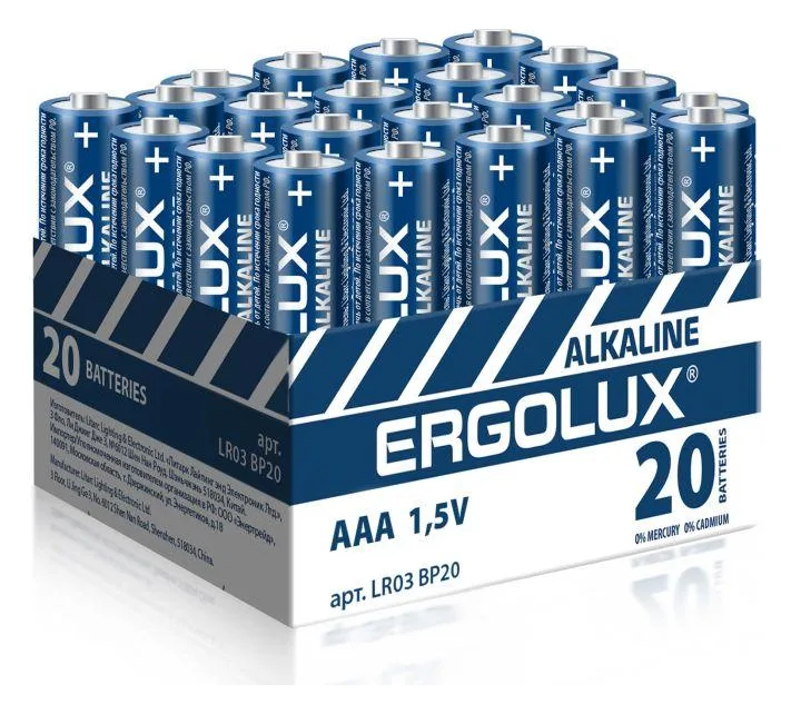 Элемент питания алкалиновый AAA/LR03 1.5В Alkaline BP-20 ПРОМО (уп.20шт) Ergolux 14674