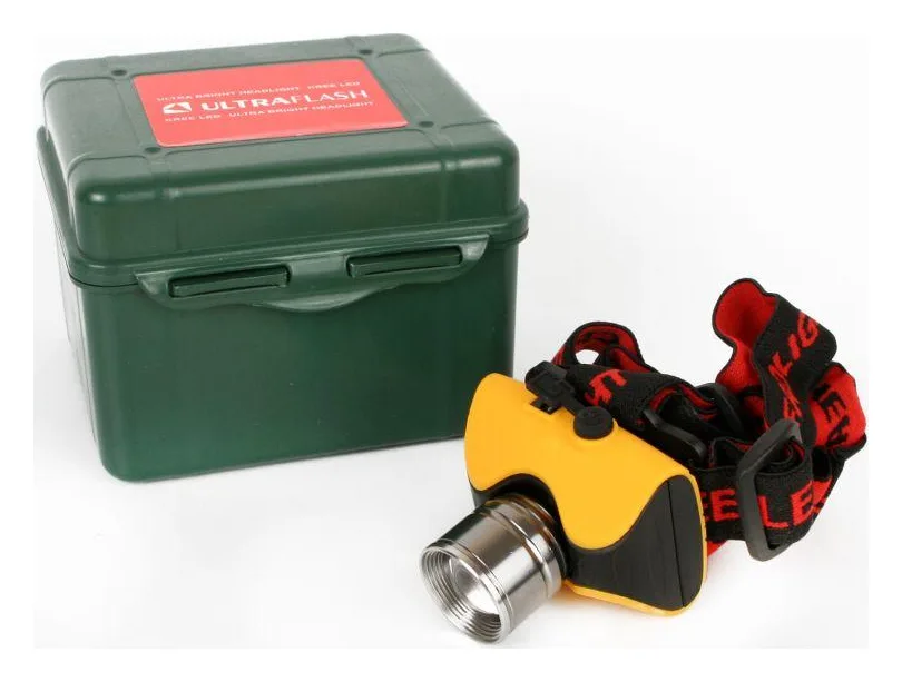 Фонарь аккумуляторный налобный E157 CREE 3Вт фокус 2 режима 220В пластик. желт. (бокс) Ultraflash 12351
