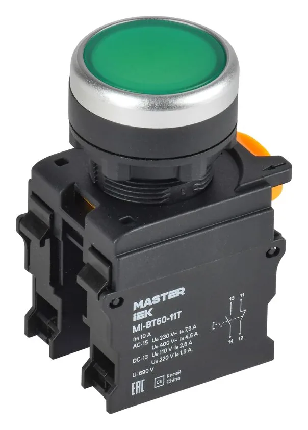 Кнопка d22мм 1НО+1НЗ MASTER с фиксацией зел. IEK MI-BT60-11T-3-21-K06