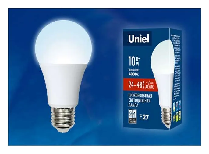 Лампа светодиодная LED-A60-10W/NW/E27 /FR/24-48V PLO55WH 10Вт грушевидная матовая 4000К нейтр. бел. E27 24-48В (упак. картон) Uniel UL-00002382